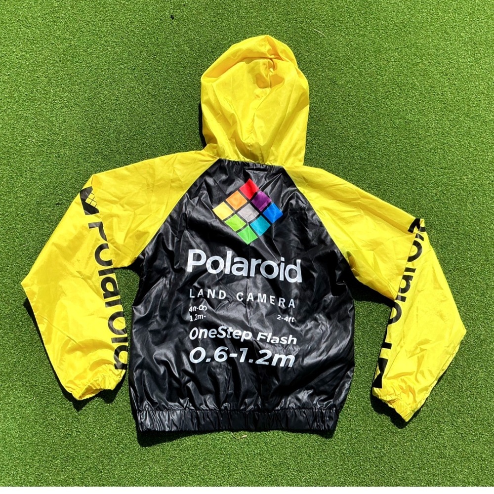Polaroid Windbreaker Jacket Women Medium Black Yellow Retro Rainbow Excellent - Picture 2 of 7